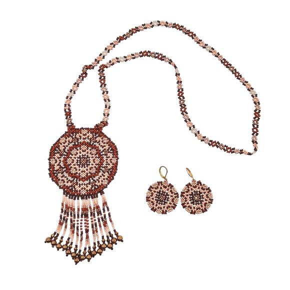 Handmade Jewelry - Handmade Brown Mandala Boho Bead Necklace and Earnings Set